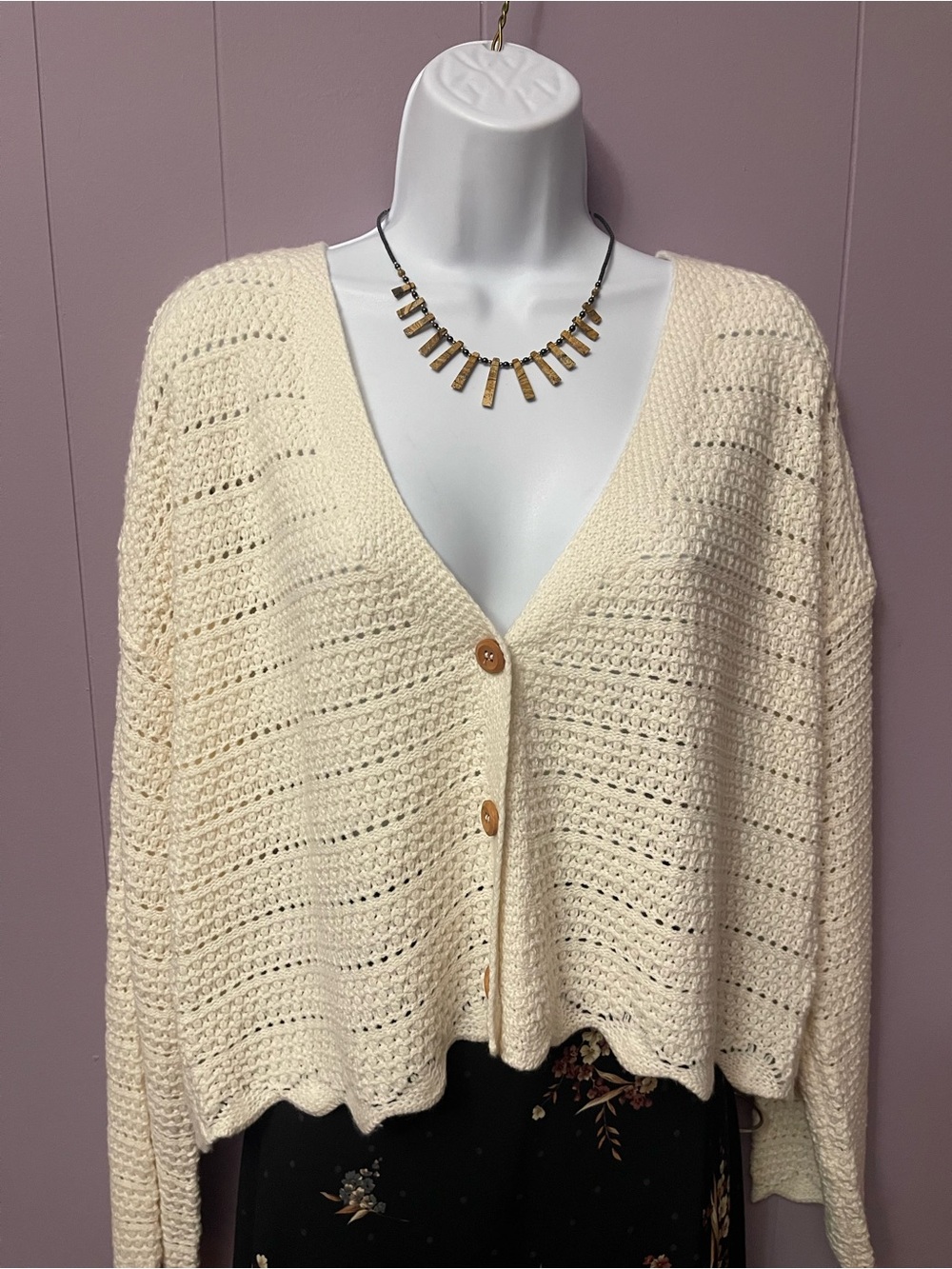 Cream Open-Weave V-Neck Button Cardigan Sweater